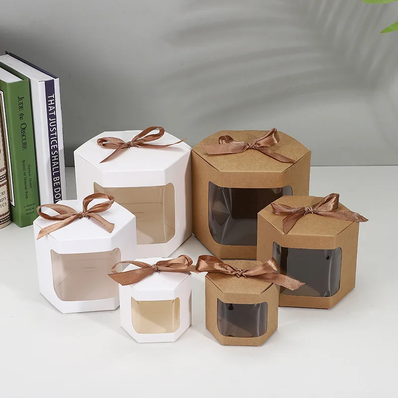 10pcs Hexagon Transparent Window Kraft Paper Cookies Candy Packing Box With Ribbon For Wedding Birthday Party Package Paper Box