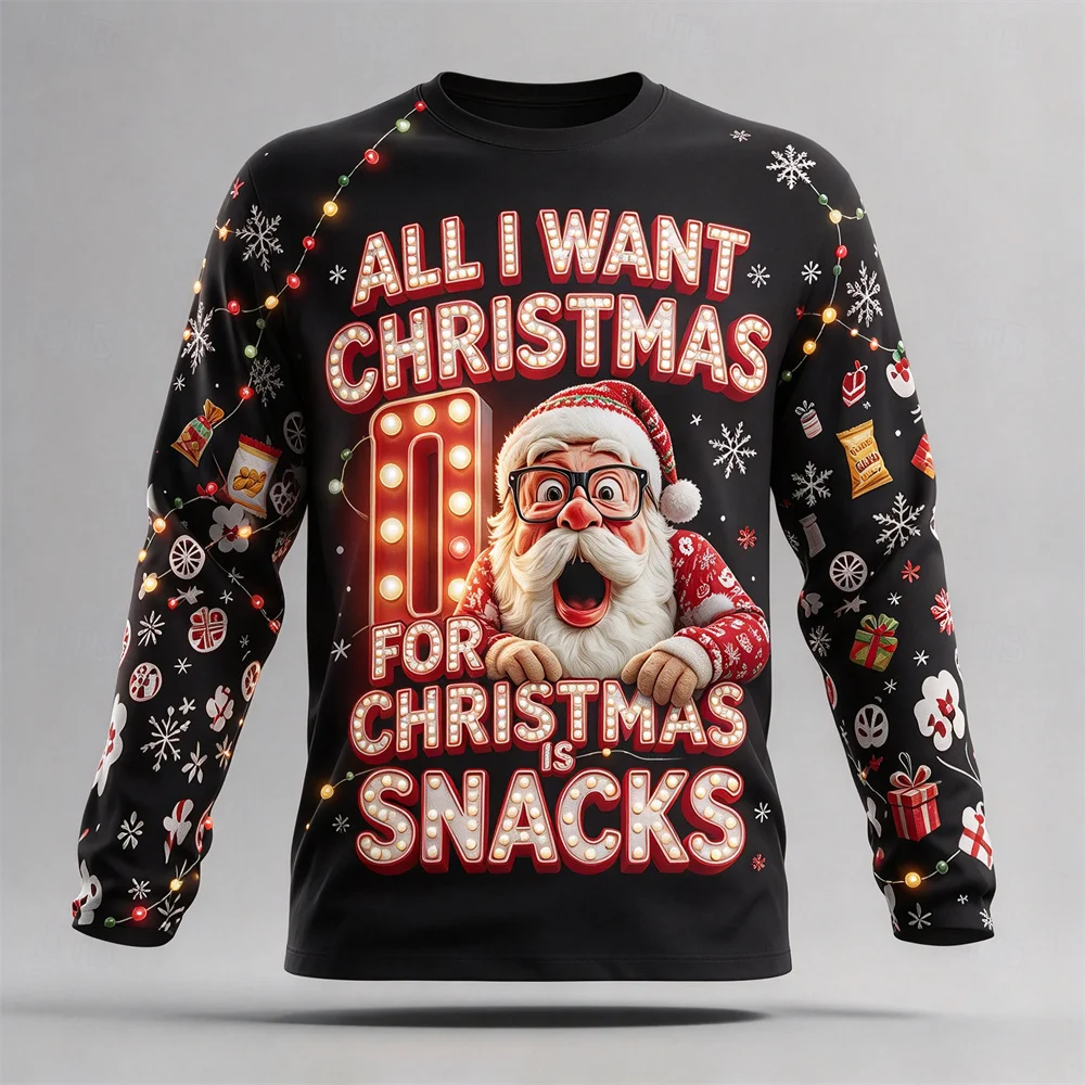 Men Christmas Long Sleeve T Shirt Cartoon Santa Pattern Ugly Xmas Sleeve T-shirts Tops Winter Holiday Party Outfit Male Clothing