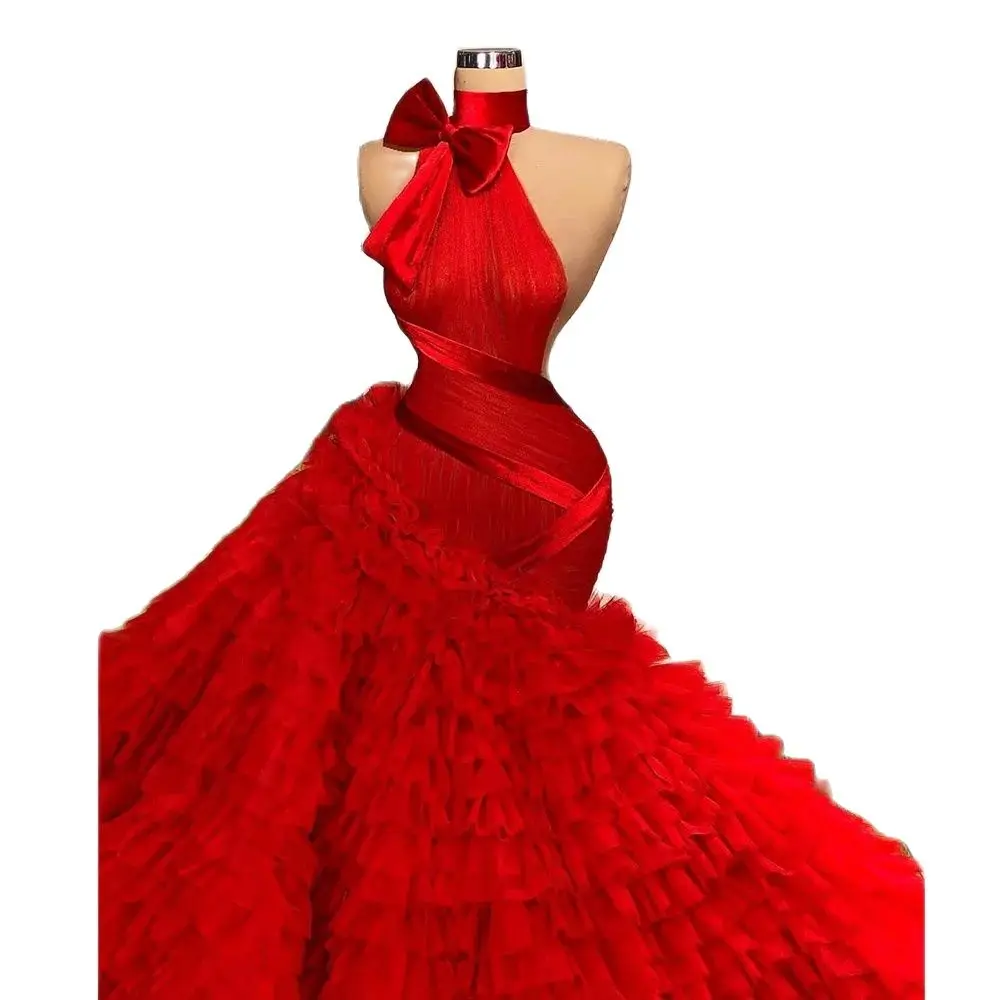 Magnifique robe de soirée rouge pour femme, organza bouffant avec nœud papillon, longueur au sol, train chapelle, occasion formelle, robe de mariée de luxe