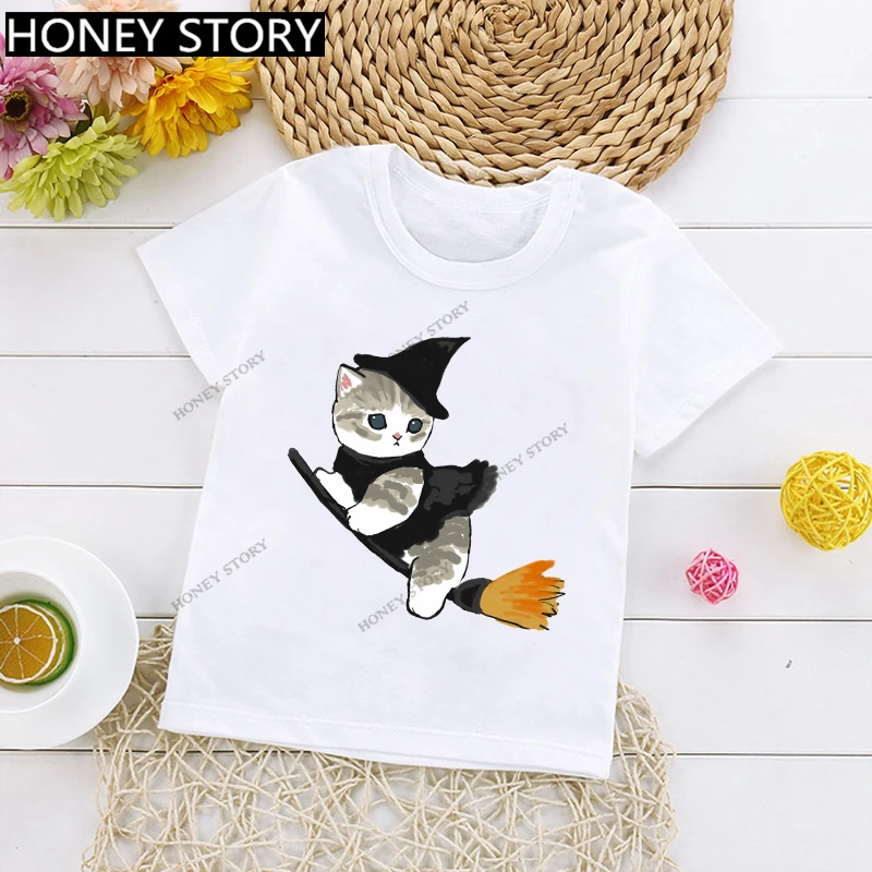 Cute Cartoon Cat Print T-shirt for Boys and Girls Clothes