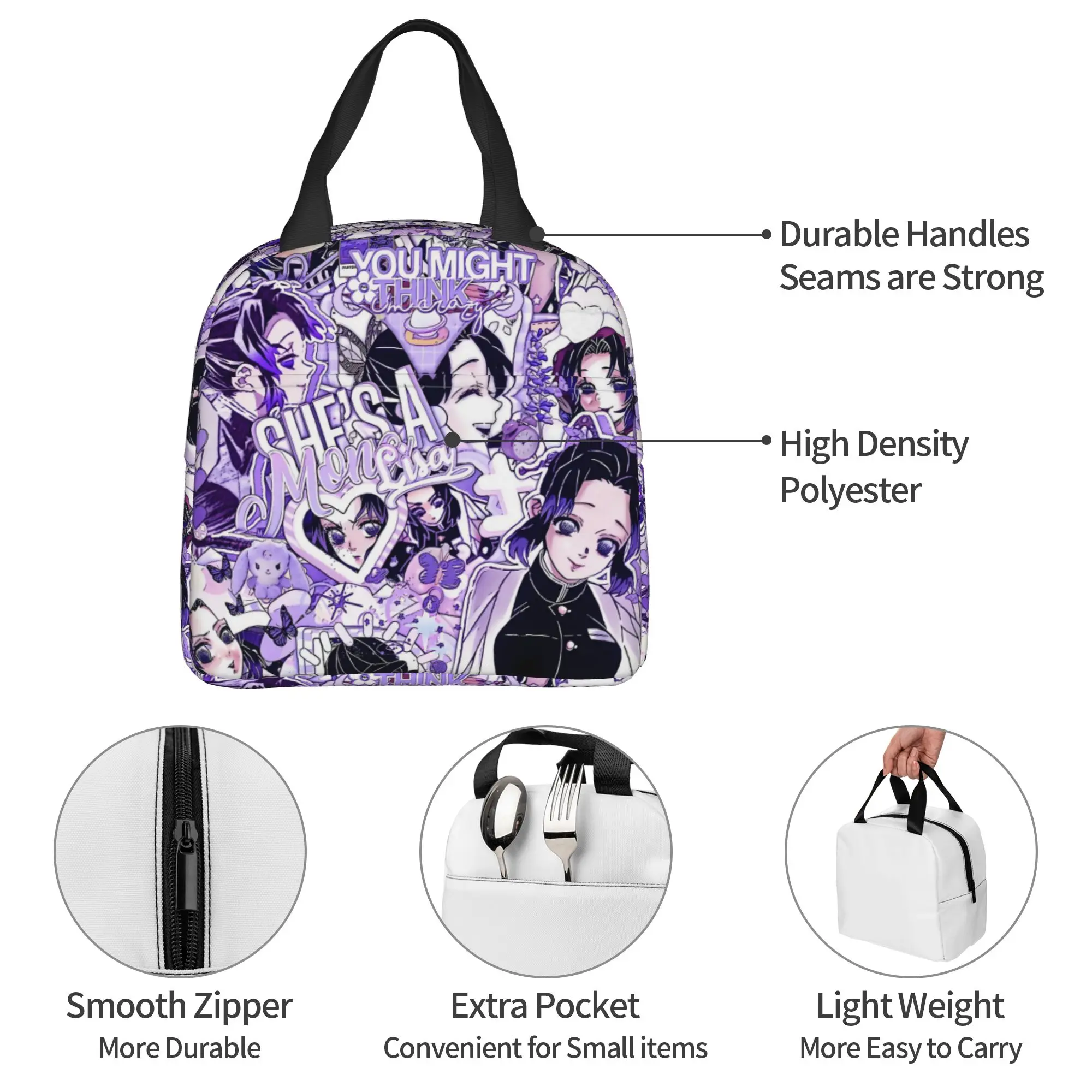 Custom Demon S-Slayer Thermal Insulated Lunch Bags Purple Shinobu Kocho Resuable Lunch Tote for Outdoor Picnic Storage Food Box view 3