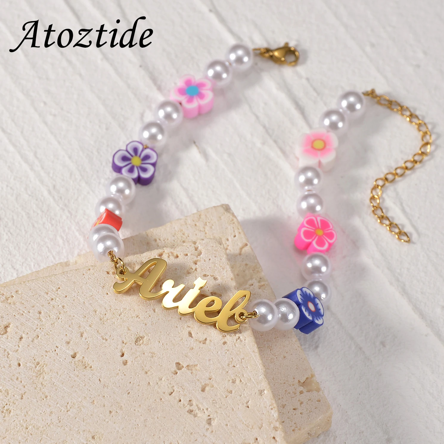 Atoztide Custom Personalized Name Bracelet Stainless Steel Color Flower Bead Box Chain Engraved Handwriting Heart Bangle Gift