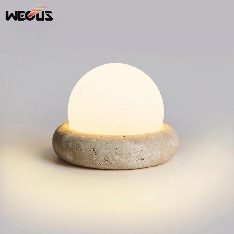 Rechargeable Cream Yellow Travertine Table Lamp - Bedside Night Light Desktop Decor Atmosphere Lamp for Bedroom & Living Room
