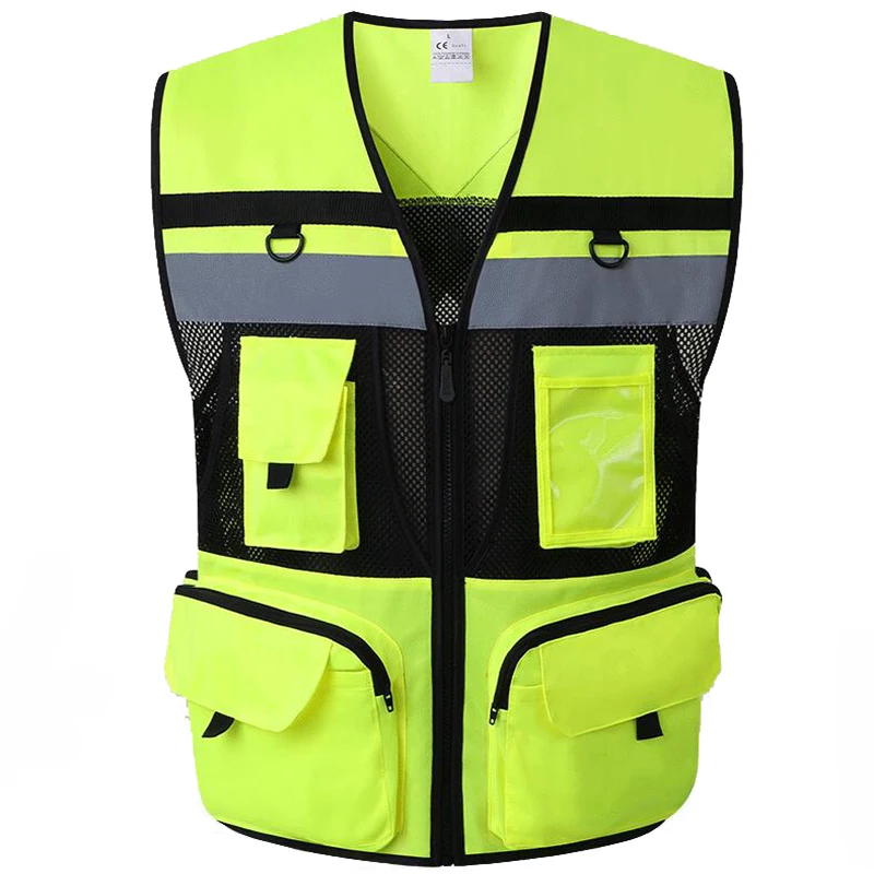 Chaleco de seguridad reflectante de alta visibilidad, ropa de trabajo con cremallera, red de pesca, multibolsillo, construcción de tráfico, ropa de