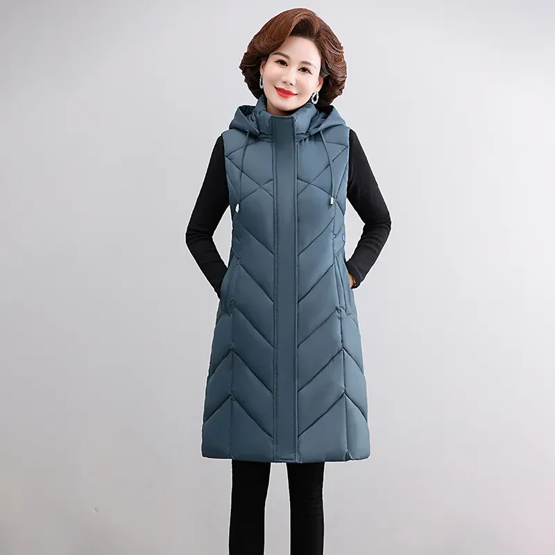 

Autumn Winter New Down Cotton Vest Women's Overcoat Elegant Loose Mid-Length Thicke Warm Ware Hooded Waistcoat Vests Jacket