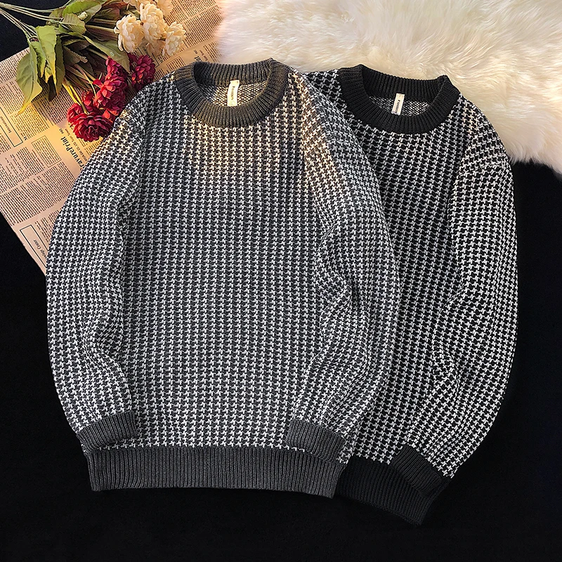 

New 2024 Men Autumn Winter Round Neck Pullover Tops Male Long Sleeve Sweater Tops Men's Thick Warm Plaid Knitted Jumpers S252