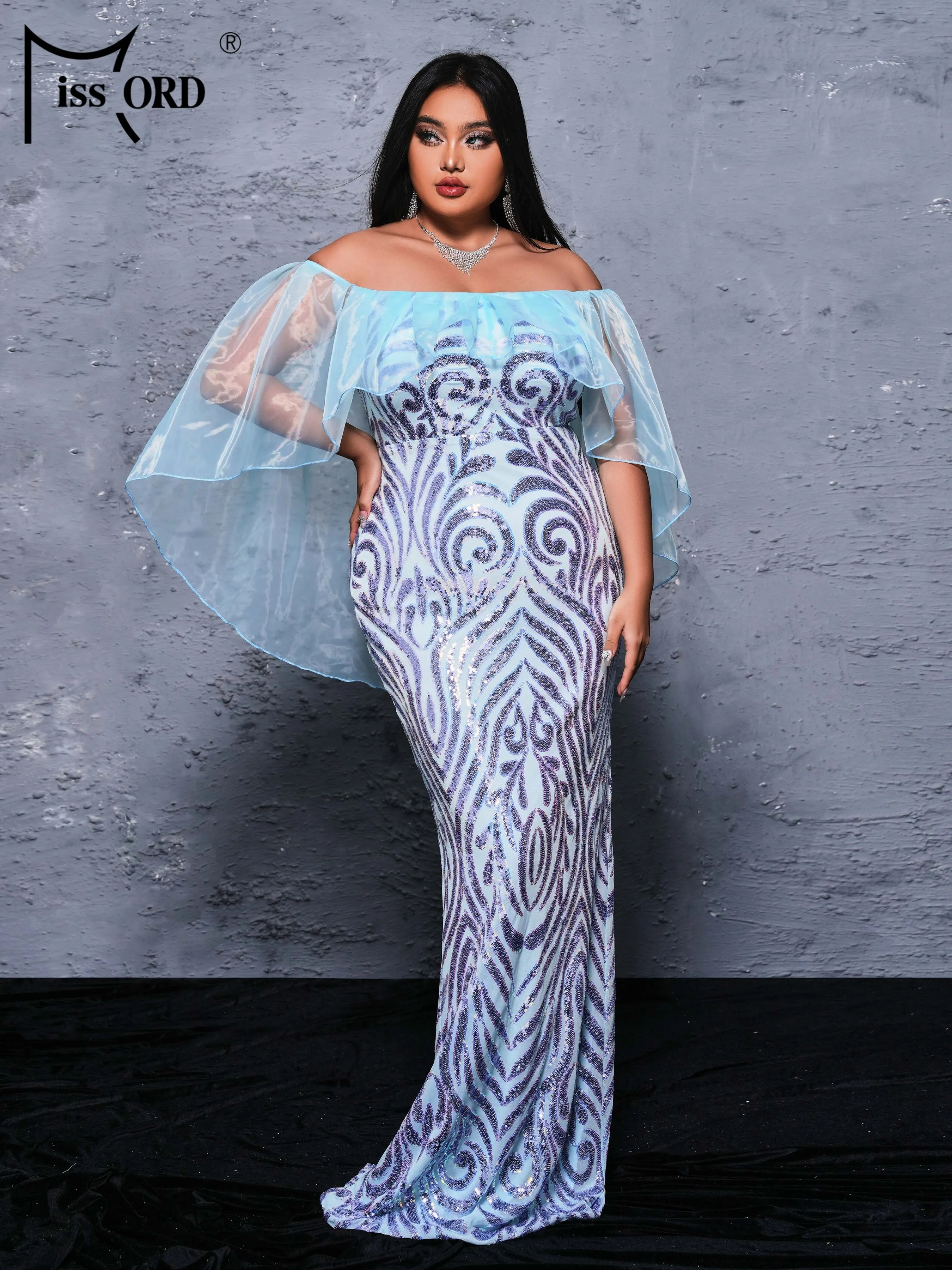 

Missord 2024 New Plus Size Off Shoulder Batwing Sleeve Sequin Mermaid Evening Gown Wedding Birthday Party Prom Dress