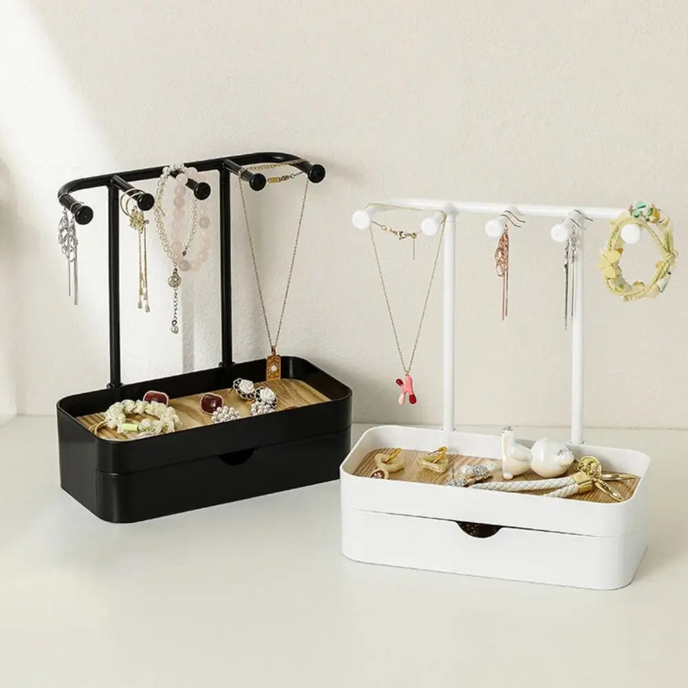

With Tray Jewelry Display Stand Double Layer Save Space Earring Storage Rack PP and Wood Hanging Holder Jewelry Organizer