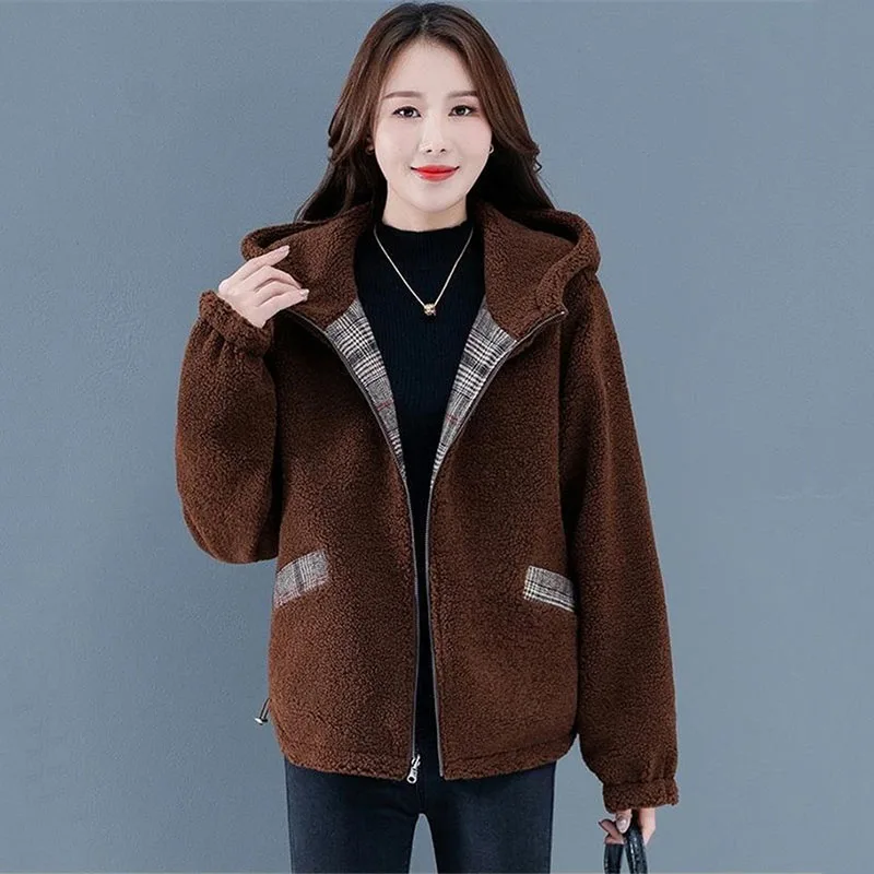 Two-Sided Put On Women\'s Coat Tops New 2022  Add Velvet Thicken Grain Fleece Winter Jacket Loose Hooded Keep Warm Outerwear