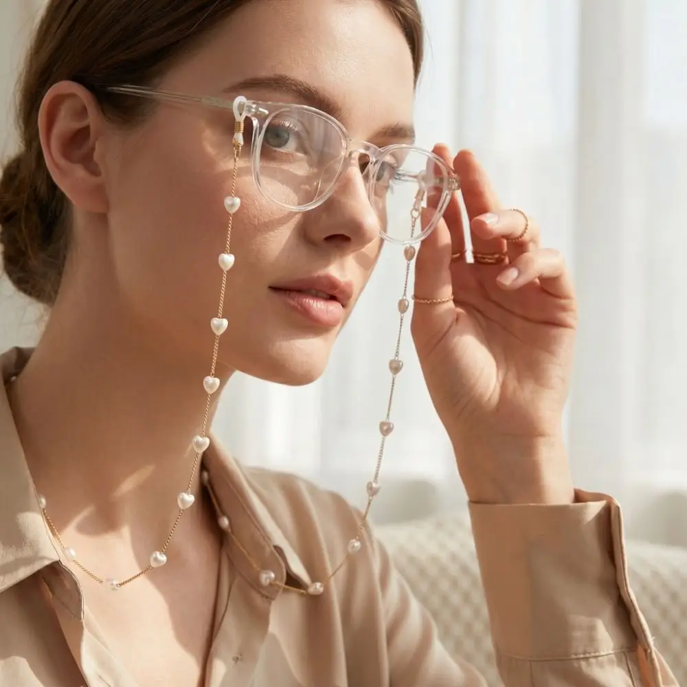 Beads Pearl Glasses Chain Heart Anti-Lost Eyeglass Holder Necklace Hanging Neck Neck Strap Eyeglass Chain Holder Reading Glasses