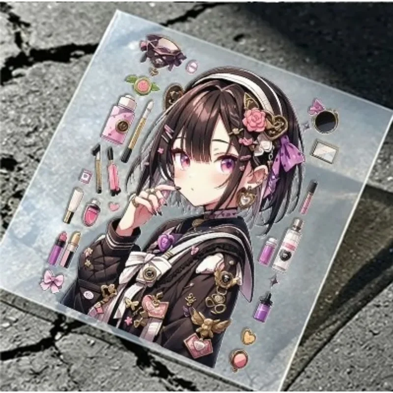 Adesivo de vinil impermeável de 17 cm com tema de maquiagem gótica e anime, olhos roxos, cabelo curto e borboleta, para carro, motocicleta e capacete.