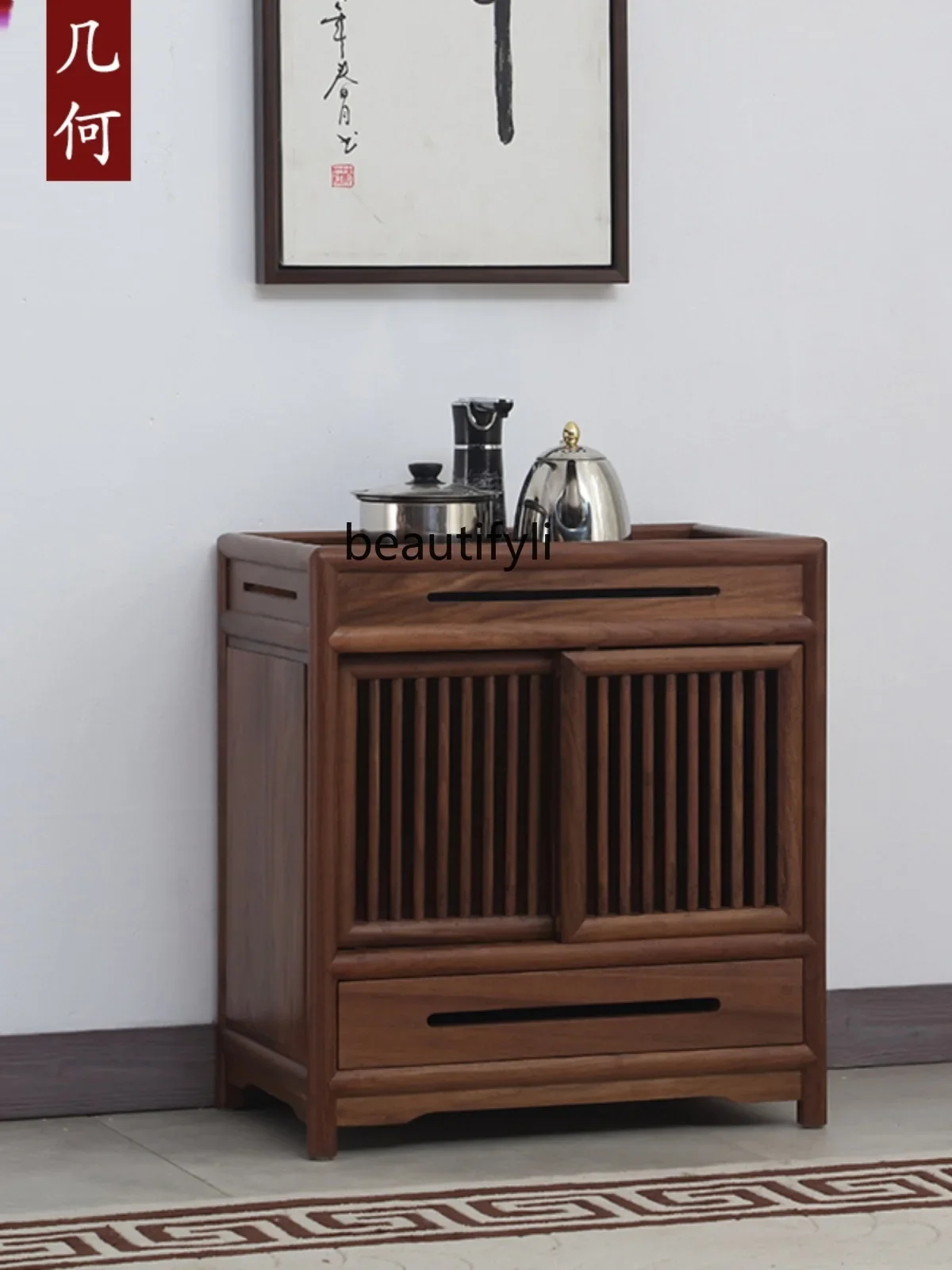 New Chinese-style Zen tea cabinet, simple living room, black walnut furniture, elm tea edge cabinet