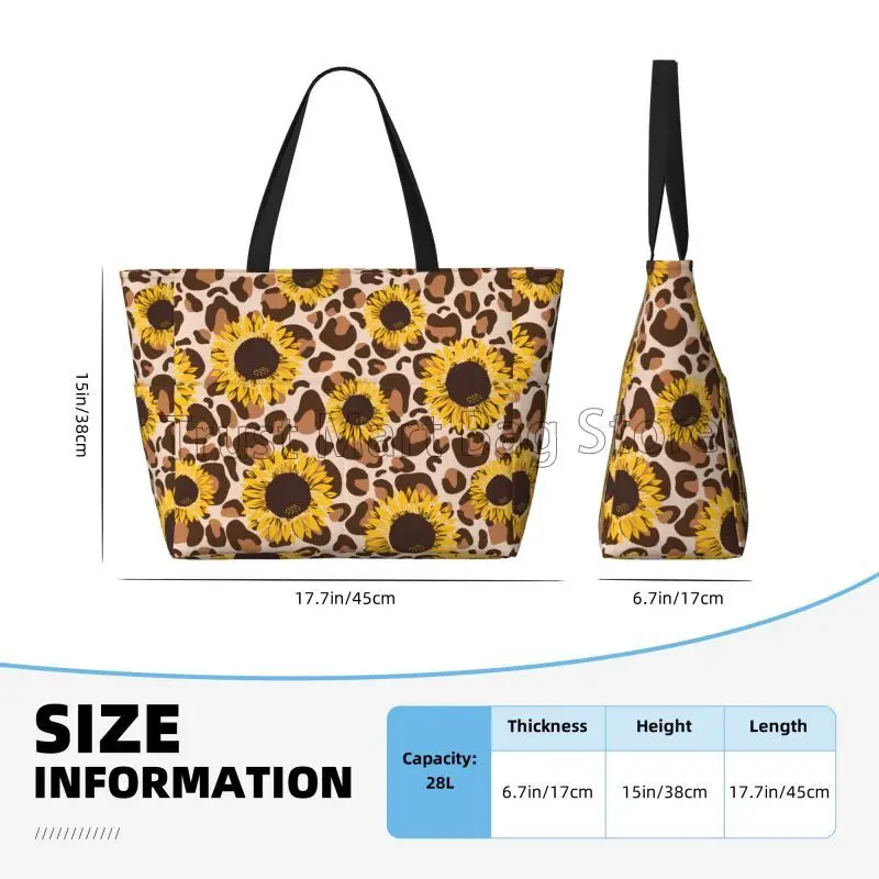 Sunflowers Leopard Print Large Waterproof Beach Bag Women Portable Travel Bag Sandproof Pool Tote Bags for Travel Vacation Swim