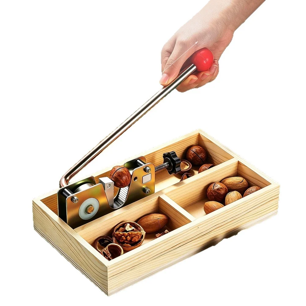 Wooden-Handled Adjustable Nut Cracker with Segmented Storage Tray for Clean Kernel Extraction 10.5 x 7.8 x 2.6 cm
