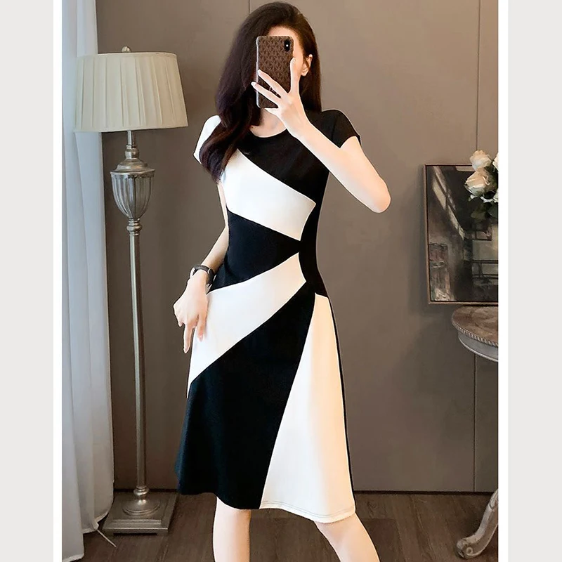 Fashion O-Neck Spliced All-match Color Short Sleeve Dress Women\'s Clothing 2024 Summer New Loose Commuter Elegant Dress