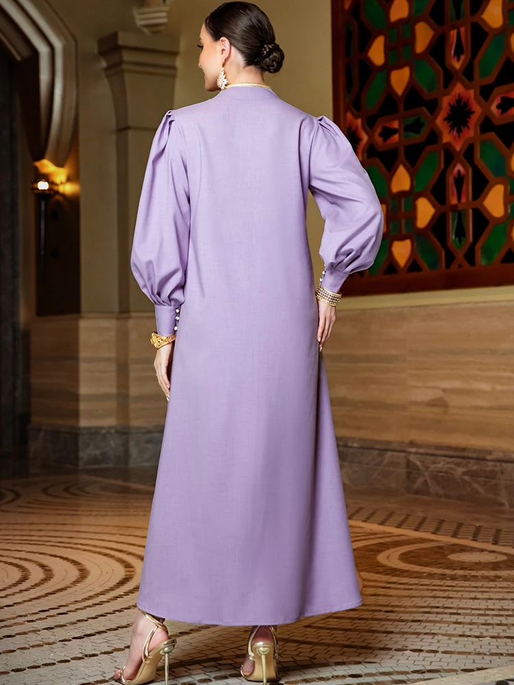 Bead String Embroidery Dress Spring Autumn Elegant Temperament Retro Style Loose Lantern Sleeves Arabic Women's Long Dress