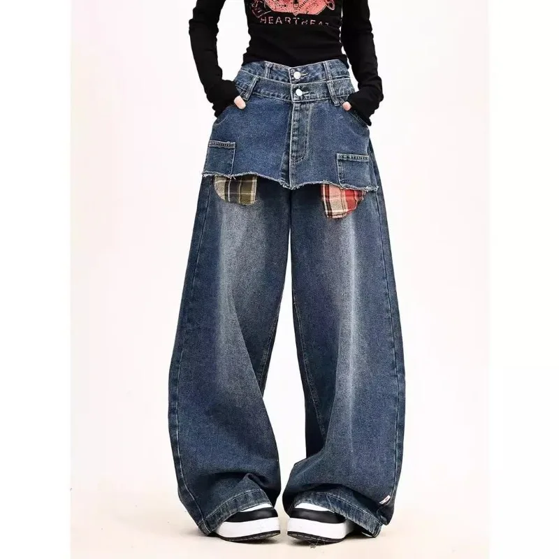 

American Vintage Style Fake Two Piece Patchwork Checkered Design Jeans for Women Versatile Spring Slim Loose Wide Leg Pants