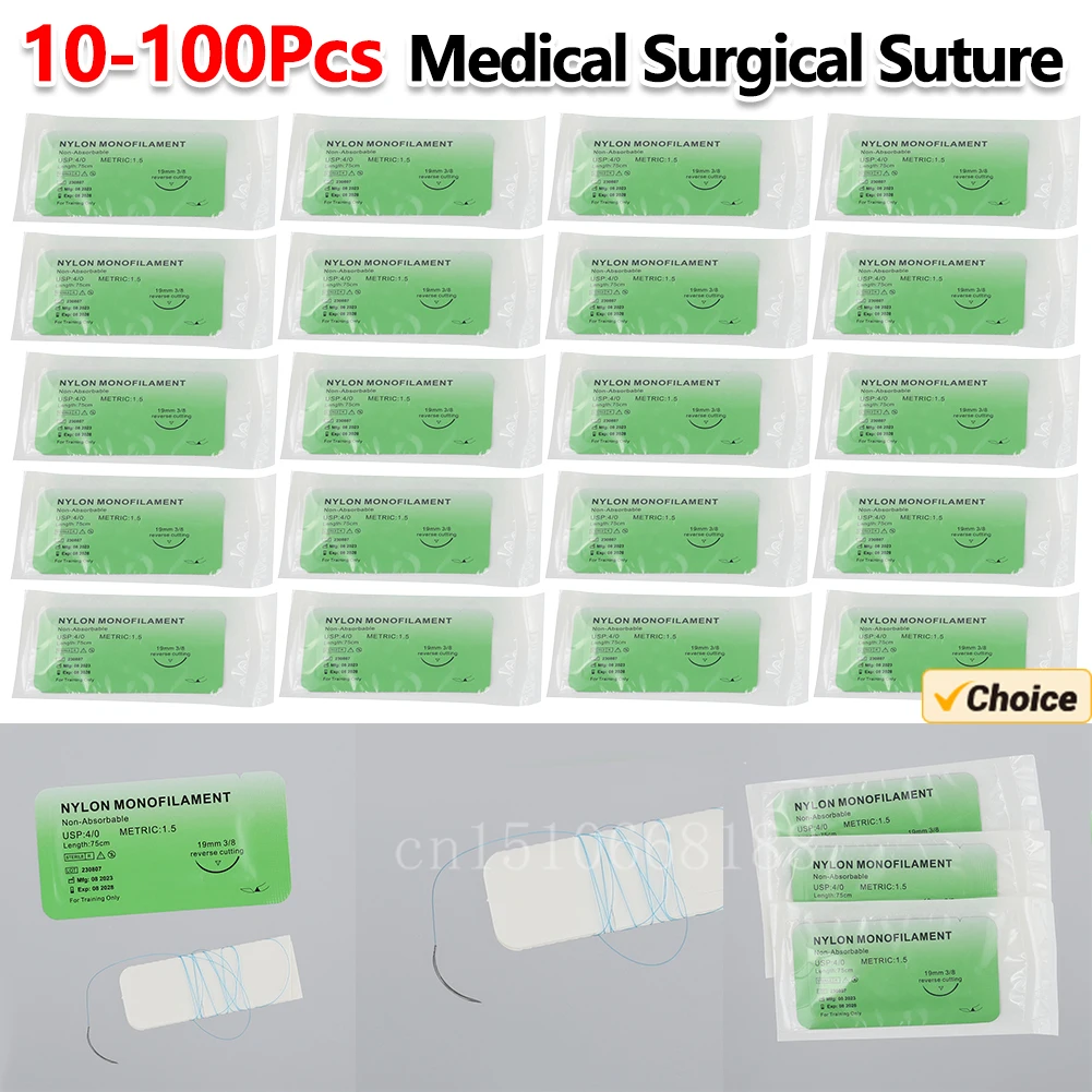 100-10PCS 4/0 Medical Thread Suture Nylon Silk Veterinary Practice Suture Kit Non-injured for Medical Students Education