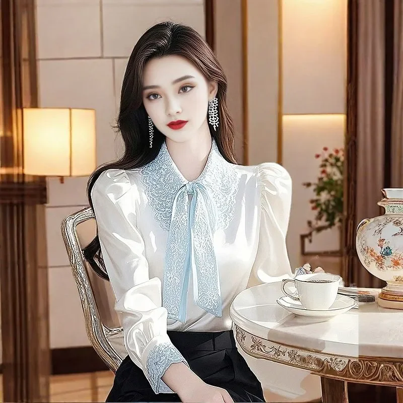 

Spring Autumn New Chic Lace Lapel Satin Shirt Women's Fashion Elegant Sweet Loose Super Beautiful Noble Evening Shirts Tops