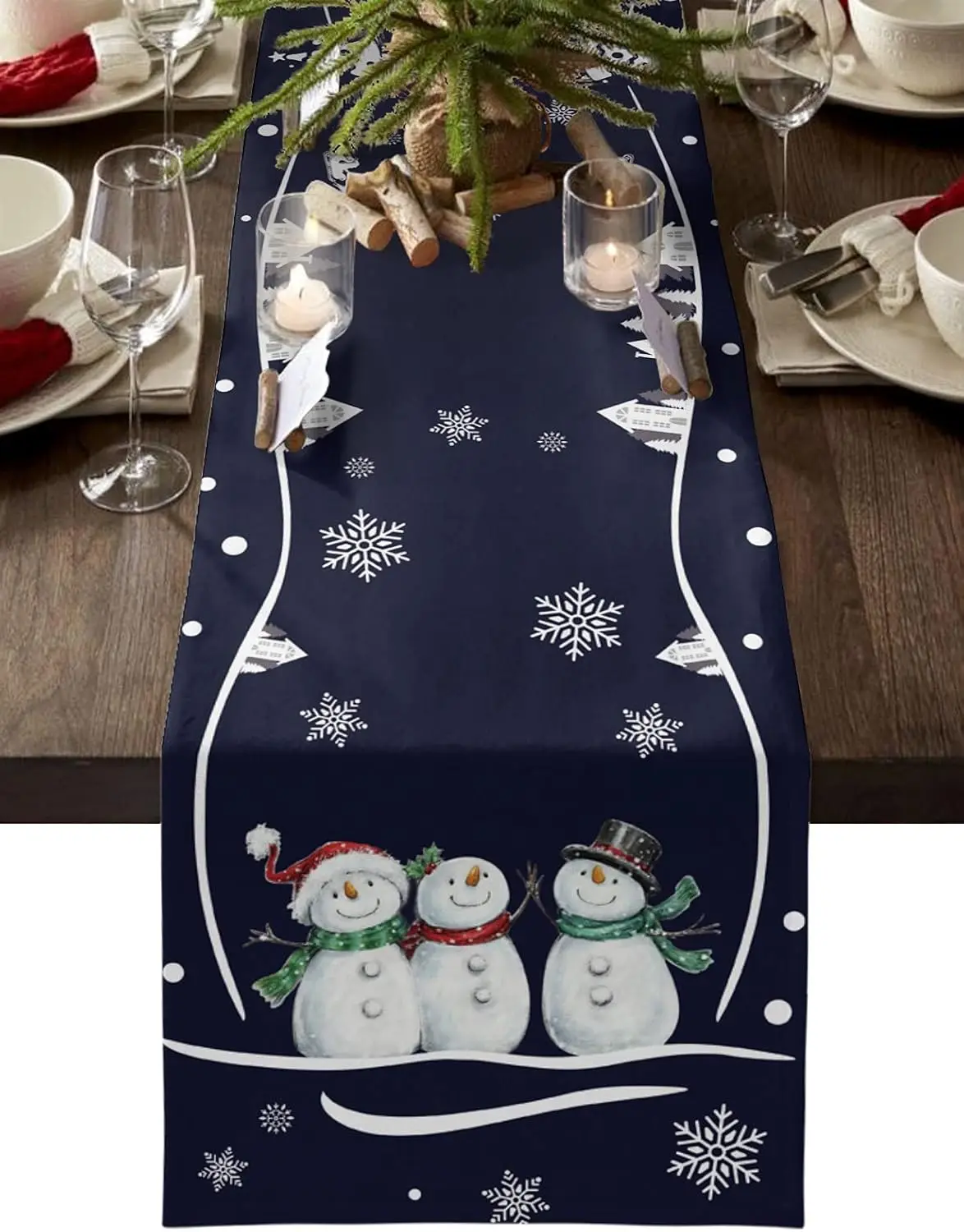 Christmas Snowman Snowflake Linen Table Runners Holiday Party Decor Reusable Kitchen Dining Table Runners Christmas Decoration