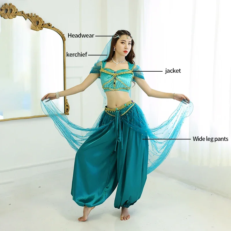 الرقص الشرقي الياسمين الأميرة زي علاء الدين هالوين لعب الأدوار مجموعة للنساء/الفتيات الهندي بوليوود الحجاب أعلى فستان أطفال مع سروال داخلي