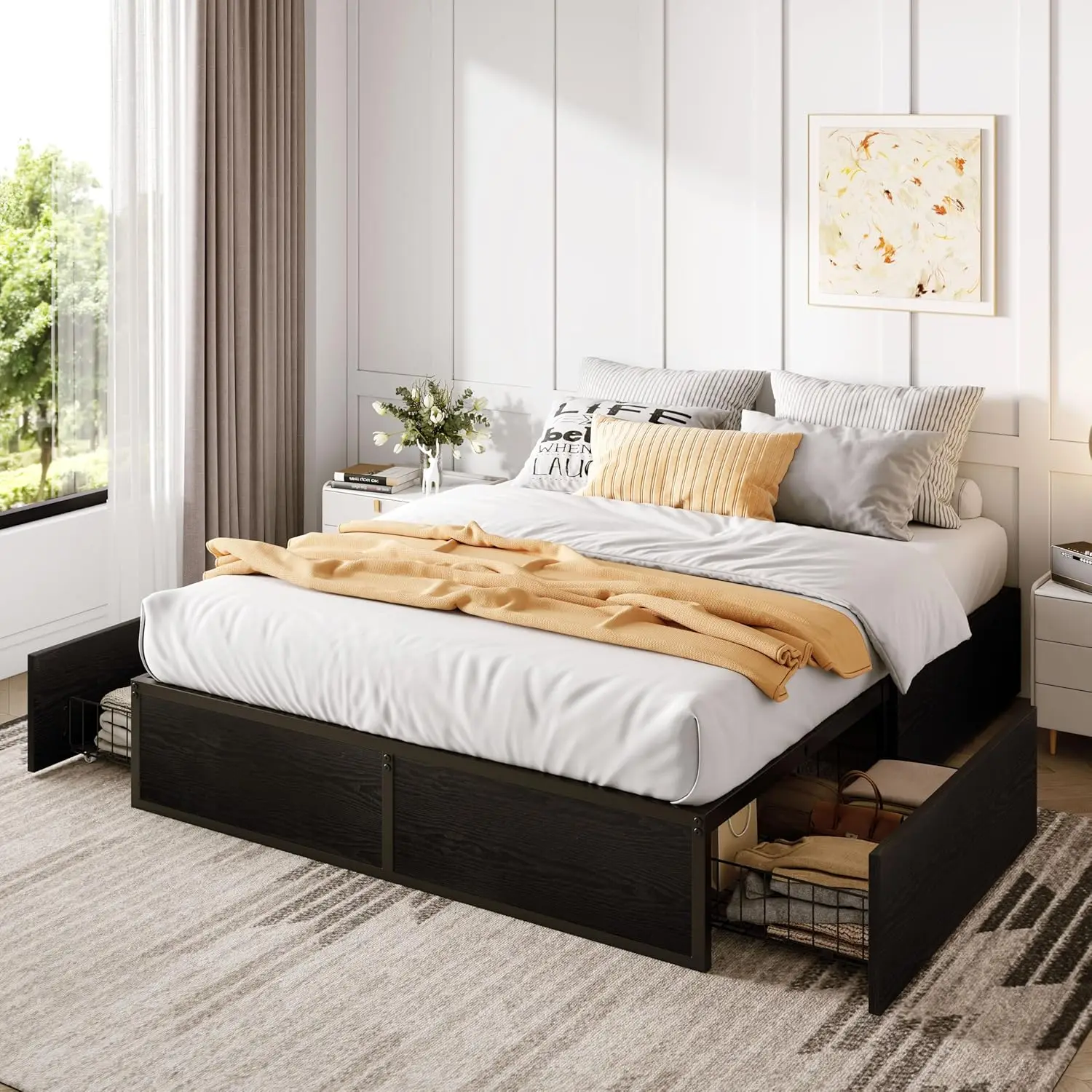 

Full Platform Bed Frame With 2 Large Storage Drawers - Heavy Duty Metal & Rustic Wood, Noise-Free, No Box Spring, Customized
