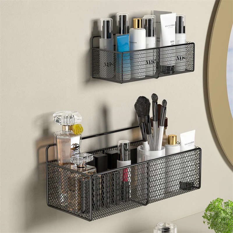 Black Wall-Mounted Bathroom Shelf Shower Shampoo Rack Kitchen Condiment Storage Basket Toilet Soap Holder Bathroom Organizer