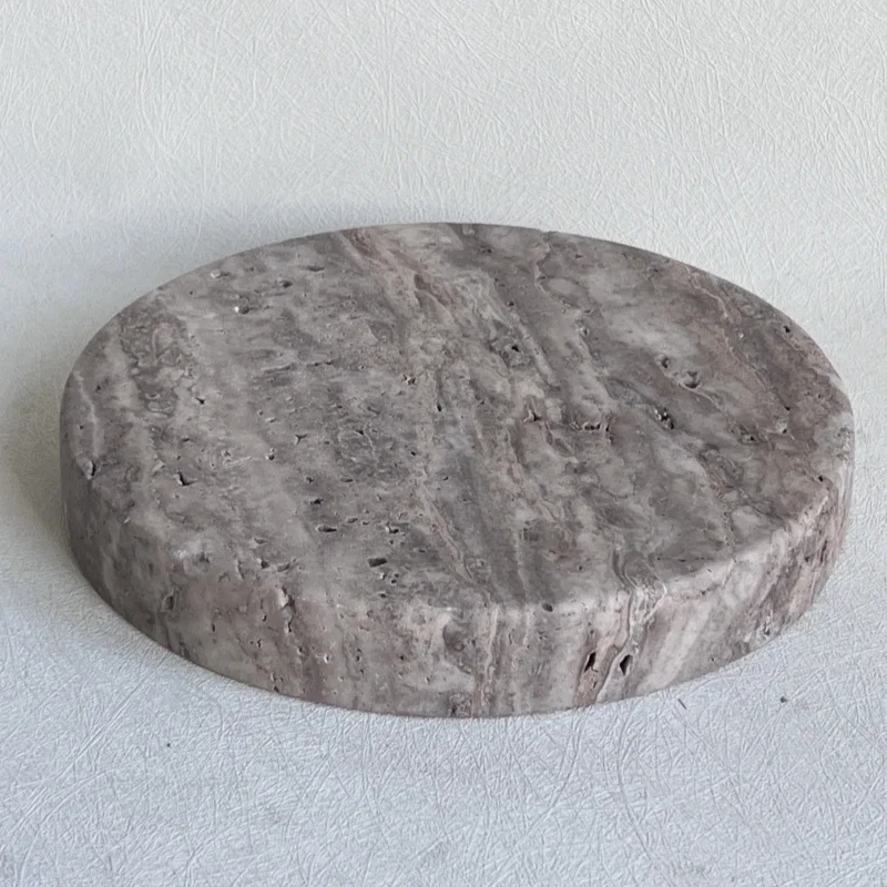 D20x3cm Nordic Wabi-sabi Natural Silver Limestone Cave Stone Grey Travertine Tray Round Marble Stone Pallet Catchall Storage