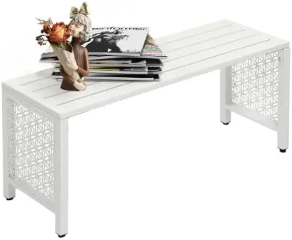 40in Outdoor Metal Bench, All-Weathe Backless Patio Bench with Slatted Seat＆Floral Side Panels, Rust-Resistant Garden