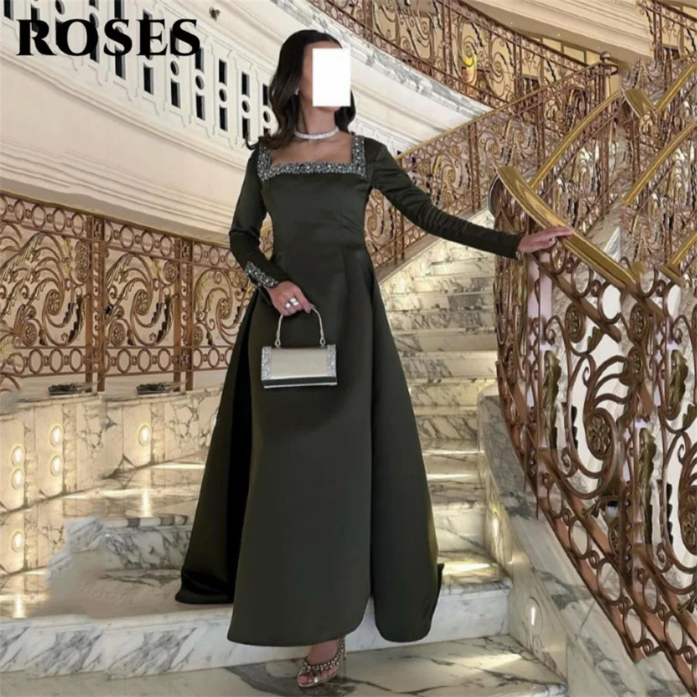 

ROSES Темно-зеленые платья для выпускного вечера Платье знаменитости с квадратным вырезом Вечернее платье с длинными рукавами и хрустальными платьями для выпускного вечера по индивидуальному заказу