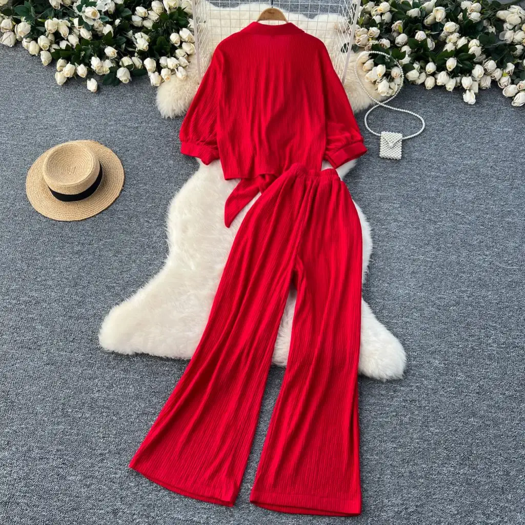 Elegant and Chic Women Fashion Two Pieces Set Vintage Lantern Sleeve Shirts Tops Wide Leg Pants Outfits Casual Party Pantsuits