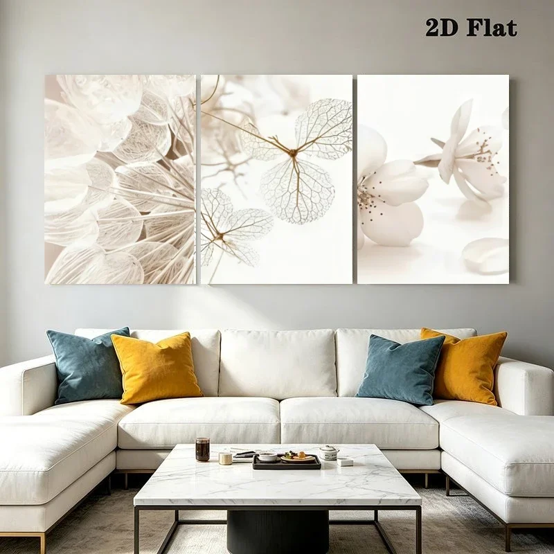 2D Flat, 2D Flat, 3pcs Modern Minimalist Botanical | White Vein Leaves Floral Collage | Frameless Wall Art Home Decor | Livin