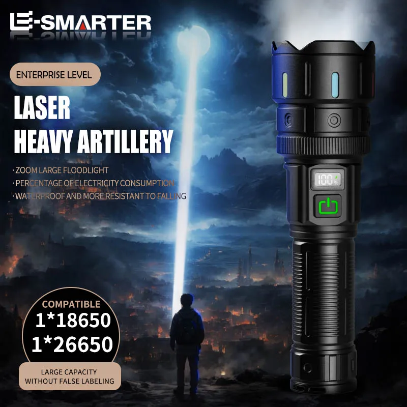 

White Laser Flashlight with Zoom Digital Display Type-C Charging Long-Range LED Strong Light Fluorescent Feature for Outdoor Use