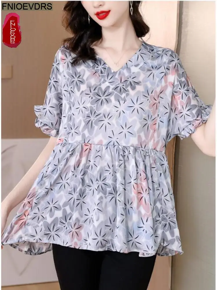 

L-5XL Loose Clothes 2023 Women European Style Office Lady Baby Shirt Design Ruffles Floral Print Belly Tunic Peplum Top Blouse