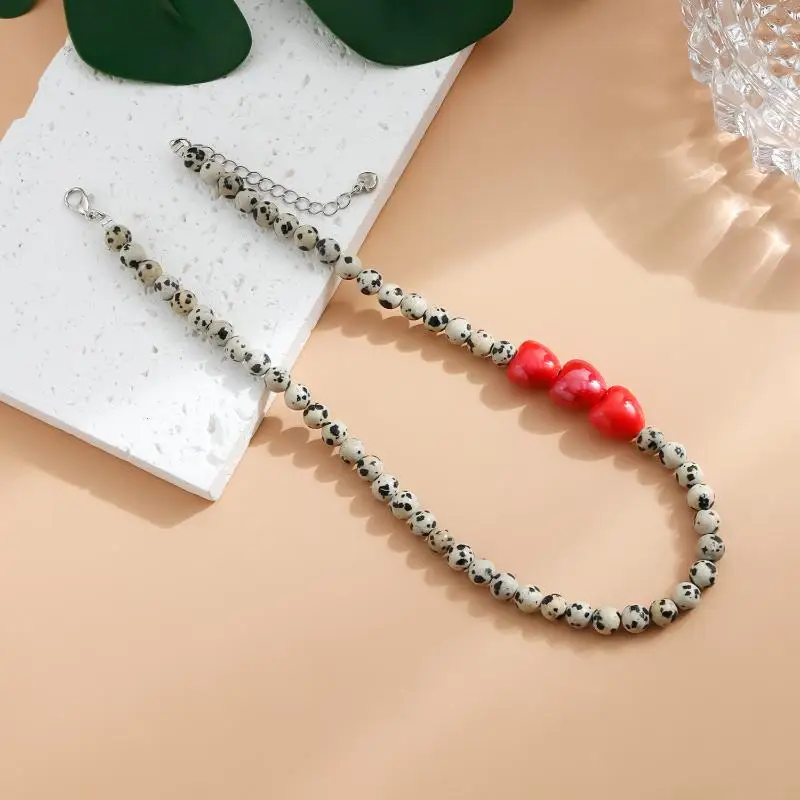 Red Heart Beaded Necklace for Women, Spotted Stone Alloy Choker 16+2inch Adjustable Trendy Layering Jewelry Valentine Gift Wear