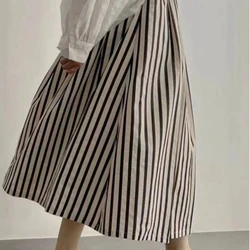 Retro Chic Solid Color Striped Skirt for Women in Summer, High Waisted and Slimming A-line Mid Length Umbrella Skirt