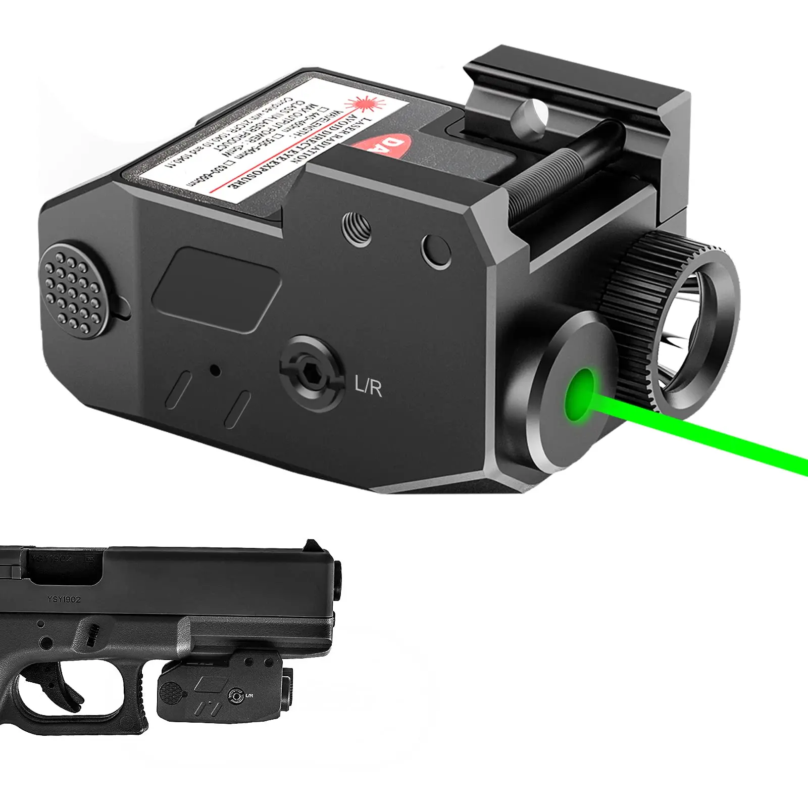 Hisecome Pistol Green Laser Sight LED Light Combo with Compact Rail Mount for Handgun Picatinny Rail, Micro USB Rechargeable