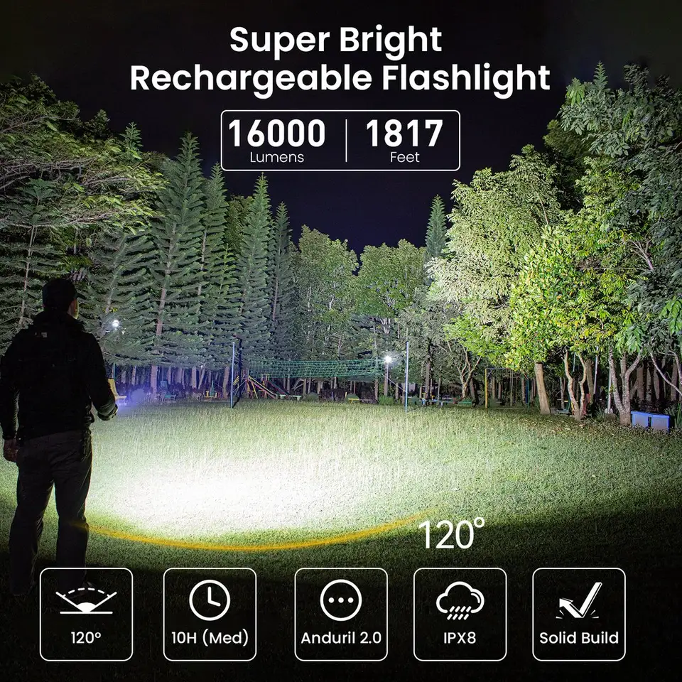 Sofirn 16,000-Lumen USB-C Rechargeable Flashlight for Camping, Fishing & Outdoor Use