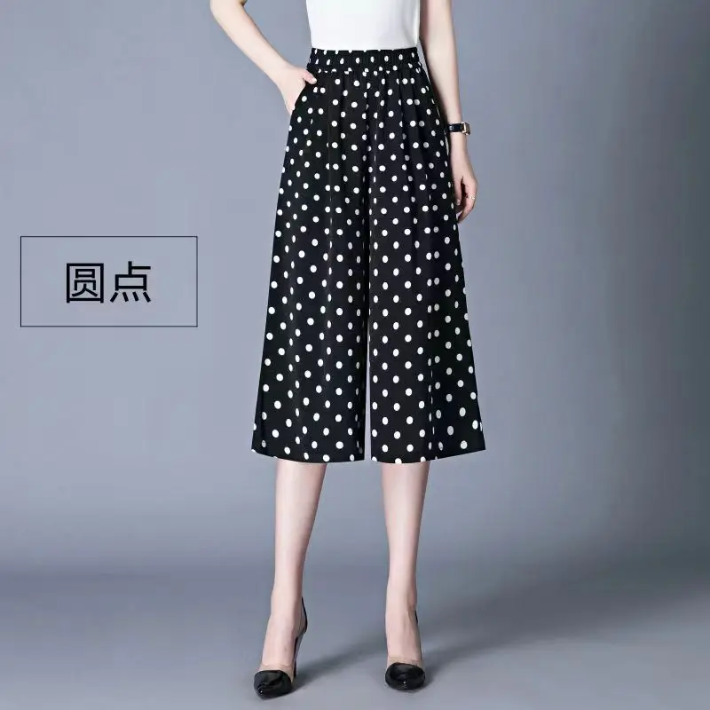 Fashion Polka Dot Printing Wide Leg Summer Loose High Waist Straight Black Women's Clothing 2024 New Korean Calf-Length Pants