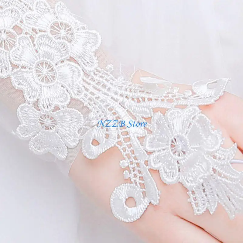 

T21F Women Long Lace Fingerless Gloves Sunblock Bridal Floral Applique Mittens Evening Wedding Tea Party Cosplay Mitten