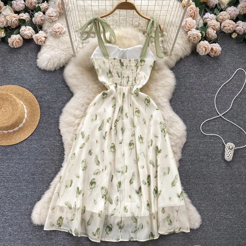 ALPHALMODA-Robe à bretelles florales pour femmes, style français, imprimé de fleurs douces, robe à bretelles, décontracté, vacances, soleil, été, nouveau