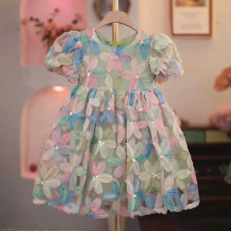 Vestido Estilo Princesa Doce para Meninas, Nova Chegada de Verão, Versão Coreana, Roupa Infantil em Material de Seda, Outro/Outro Padrão