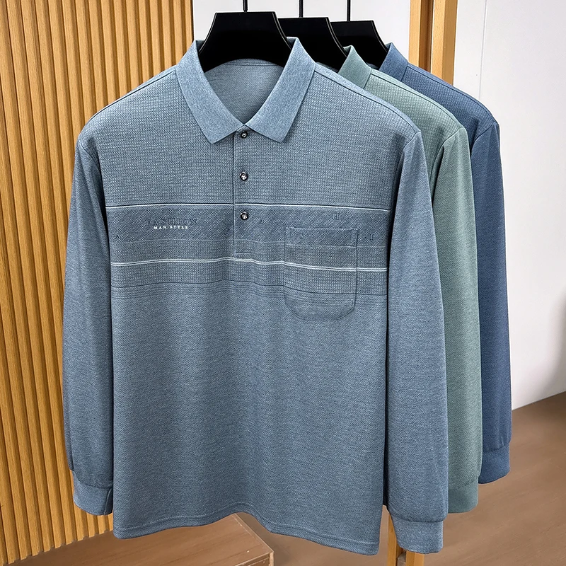 Men's Casual Soft Polo Shirt Autumn Pocket Long Sleeved Cotton High End Solid Color T-shirt Comfortable Office Men's Clothing