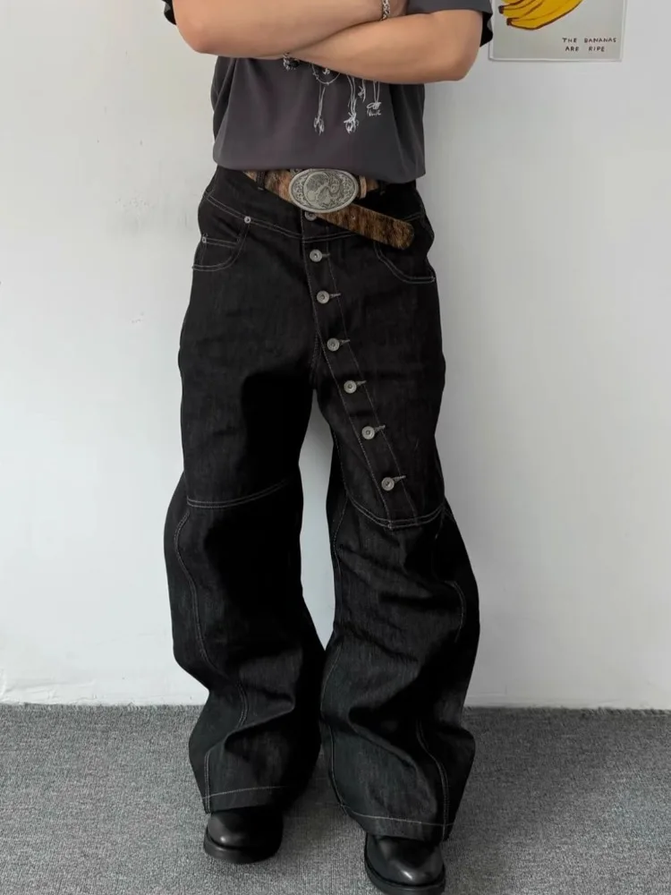 

Мужские джинсы с изогнутыми пуговицами, широкие брюки с перетаскивающимся подолом, уличная одежда Y2K, повседневные брюки, черные, свободная посадка в стиле ретро, американский стиль