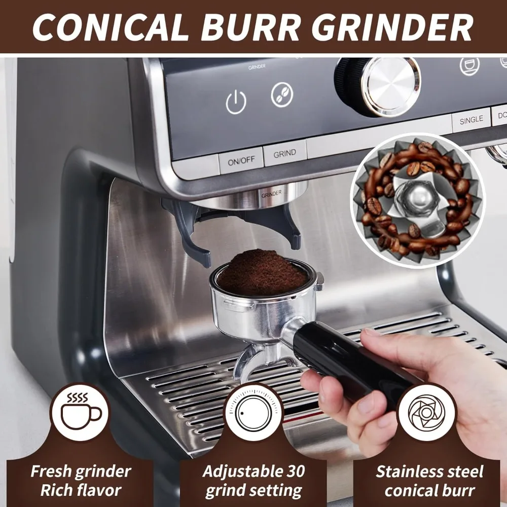 Espresso Machine with Grinder, Professional Espresso Maker with Milk Frother Steam Wand, 20 Bar Barista