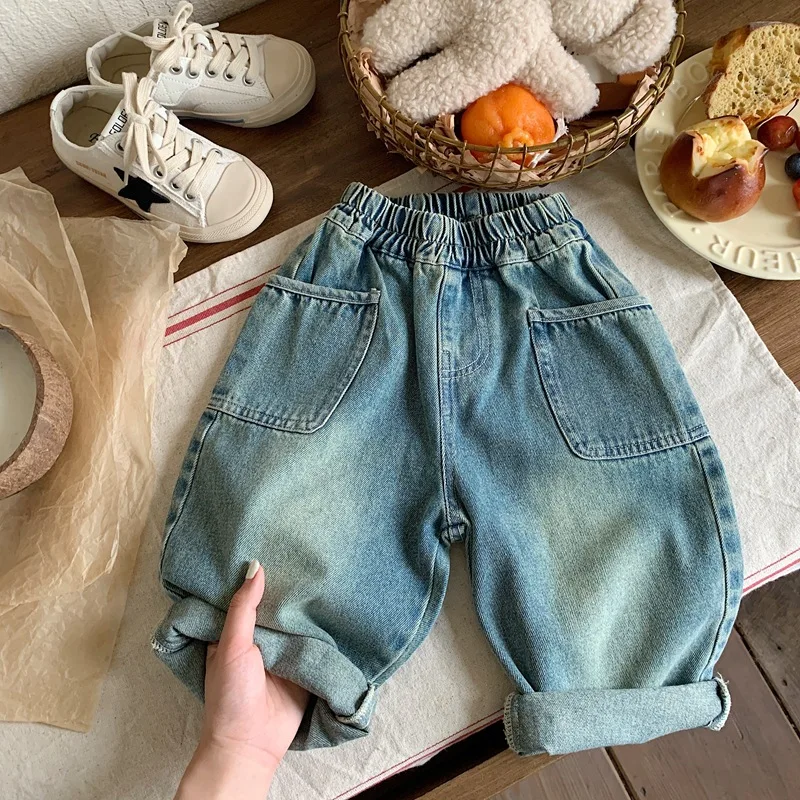 

Girls Trousers 2024 Spring Wear Children Jeans Retro Old Boys and Girls Pants Casual Spring and Autumn Simple Casual Bottoms