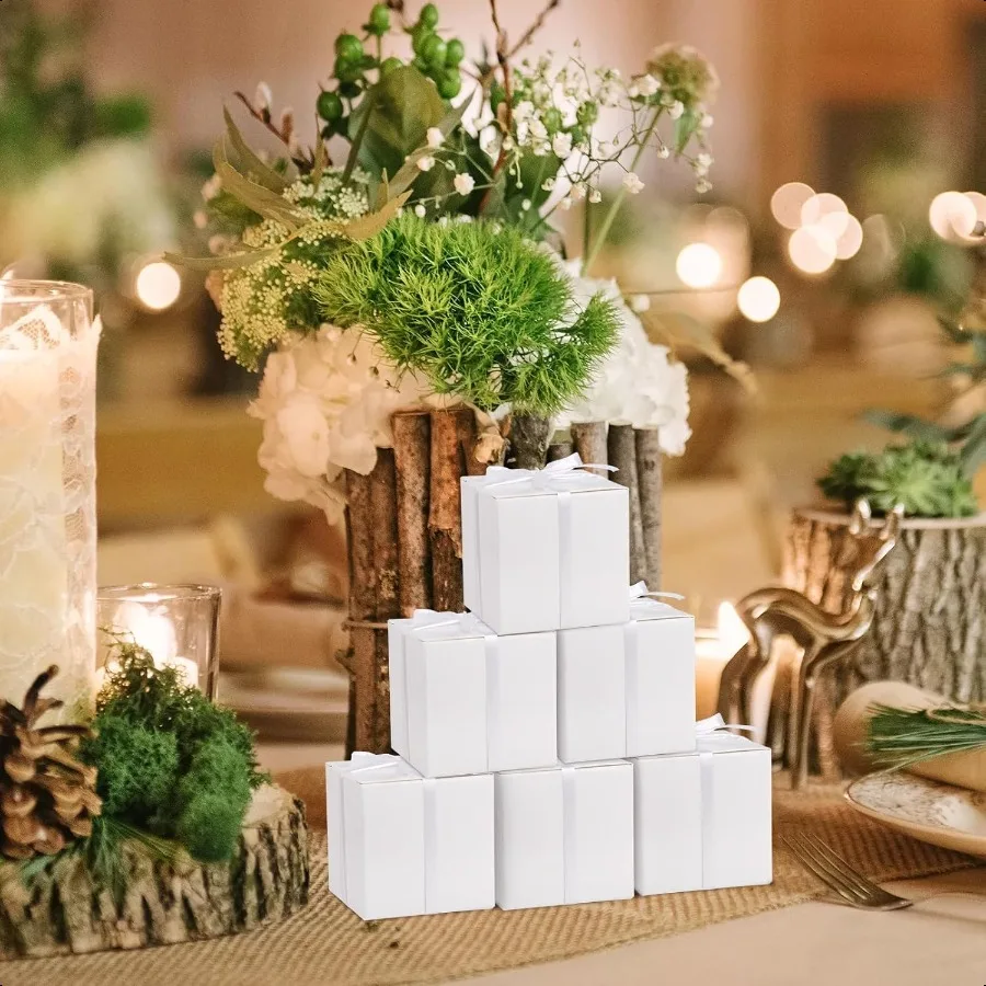 100 Pack Party Favor Boxes White Gift Boxes 2x2x2 inches Small Cardboard Gift Boxes with Lids and Ribbons Candy Treat Boxes for