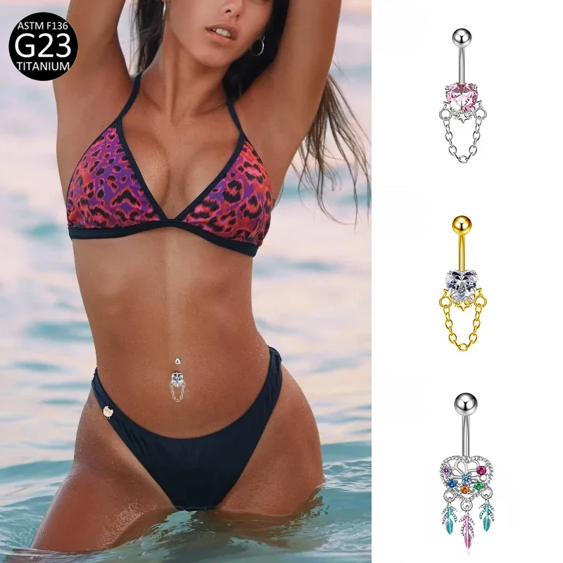 G23 Titanium Heart Navel Piercing Jewelry Pink Heart Chain Dream Catcher Belly Button Rings CZ Crystal Belly Body Piercing
