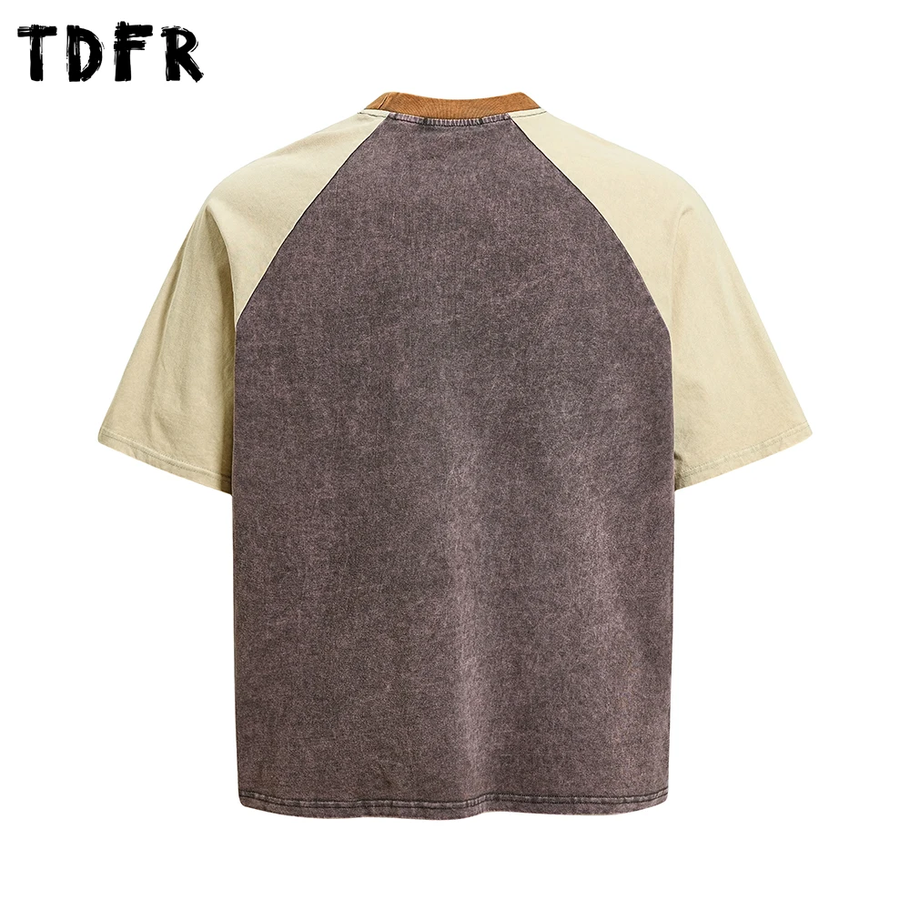 Contrast Paneled Print Short Sleeve T-shirt Mens Summer Retro Casual Loose Spliced Raglan Sleeve Crew Neck Cotton Graphic Tshirt