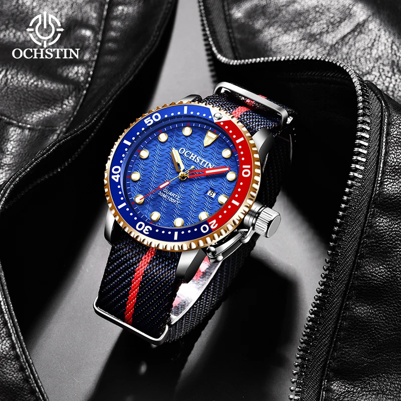 OCHSTIN Large-face Nautical men wristwatch with roomy dial Men's quick-dry durable nylon band wearproof crystal lens Clock